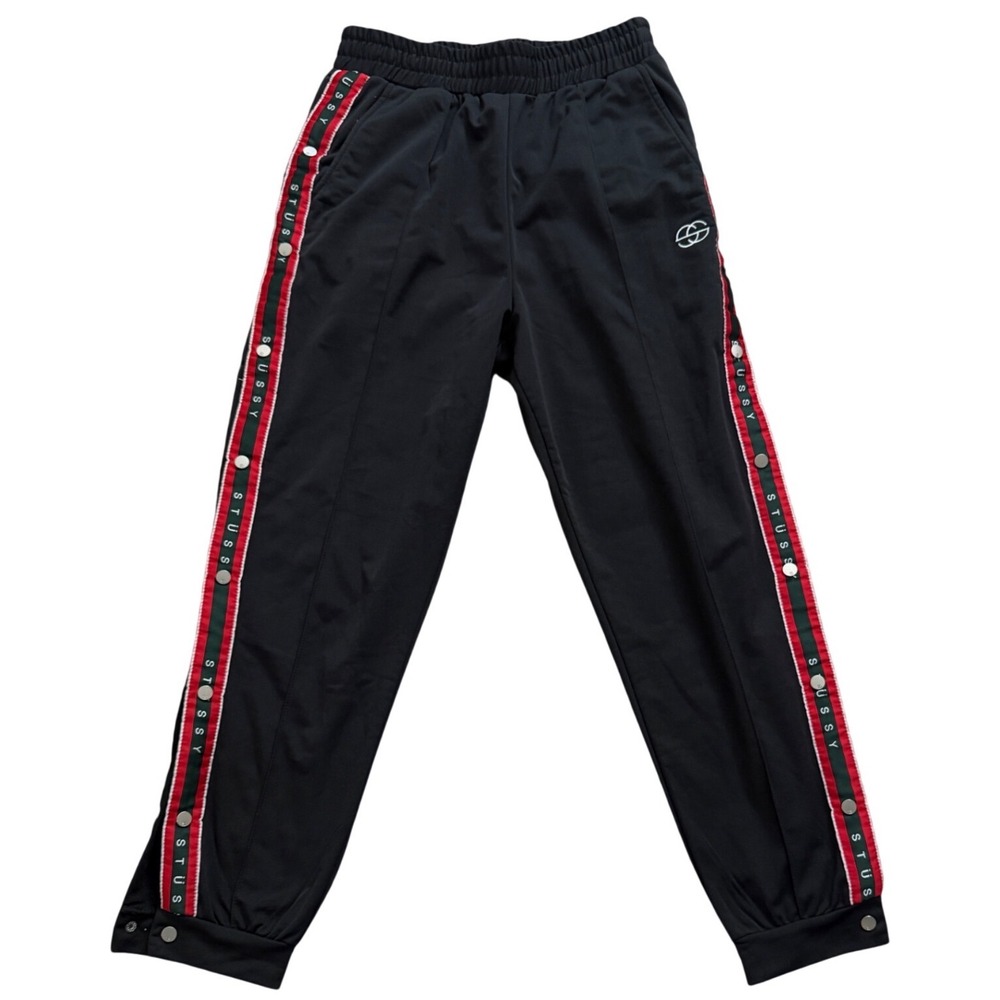 Stussy Track Pants Black Green Side Stripe Snap Button Joggers Mens S Y2K